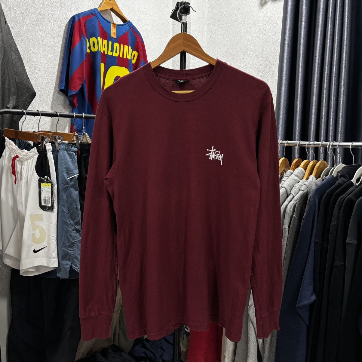 Stussy Longsleeve Shirts Wine Color Hoodie, Sweatshirt | FlexRushtees.com