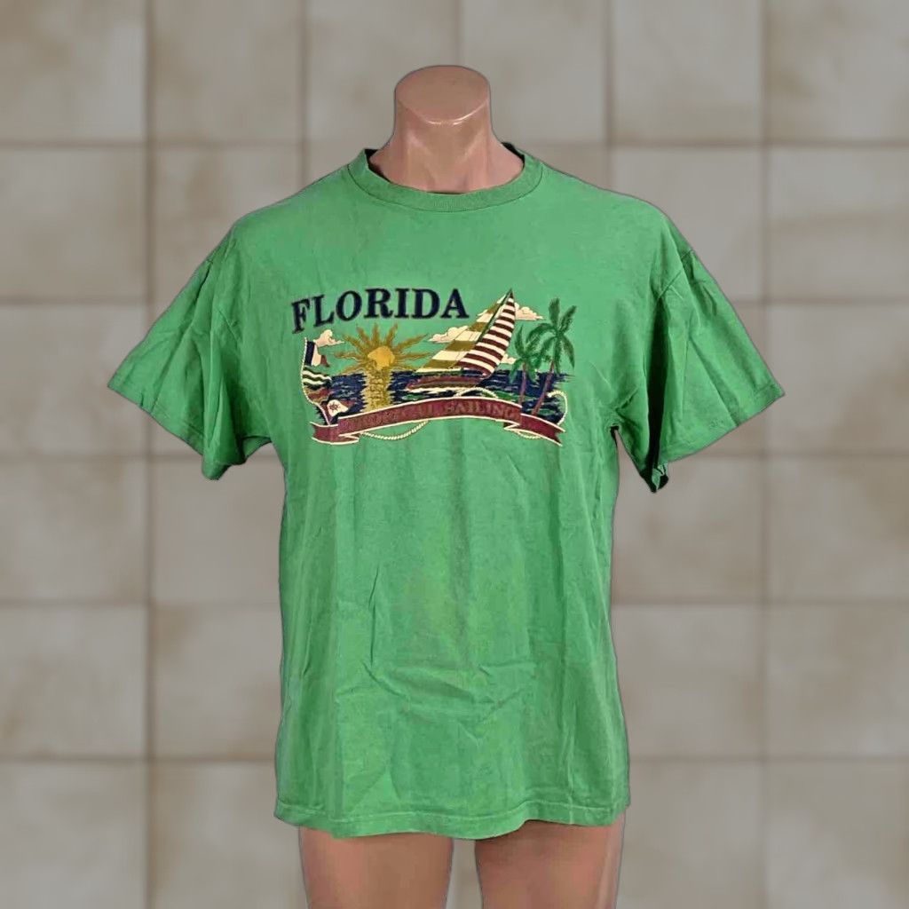 Hanes Vtg 90s Florida Tropical Sailing Nautical Beach Green S S Vacation T Shirt Sz L