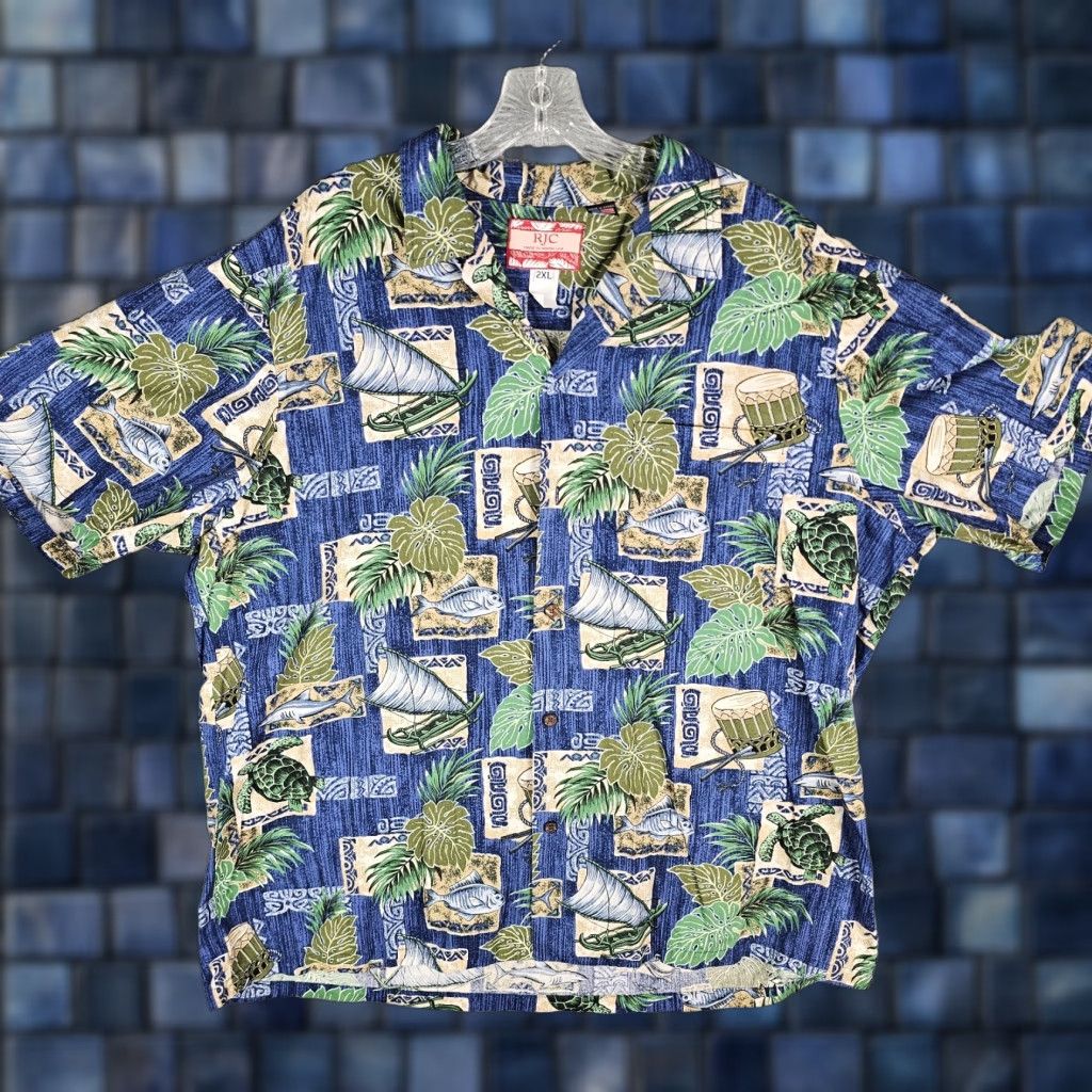 Vintage Rjc Hawaiian Shirt Mens 2xl Blue Turtle Fish Print Tropical Aloha Camp Collar Shirt