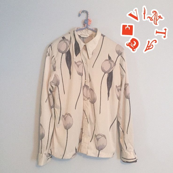 Vintage 70s Disco Shirt Loubella Flowers Tulips S M Cool