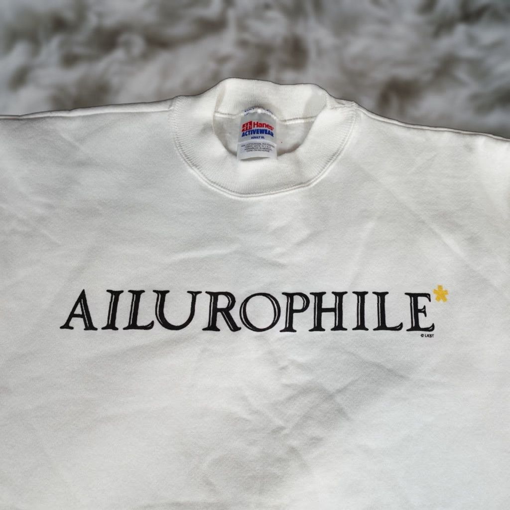 Vintage Sweatshirt Cat Lover Ailurophile Graphic Print Crewneck White 90s Mens Xl Fits L Pul T-Shirts, Hoodie