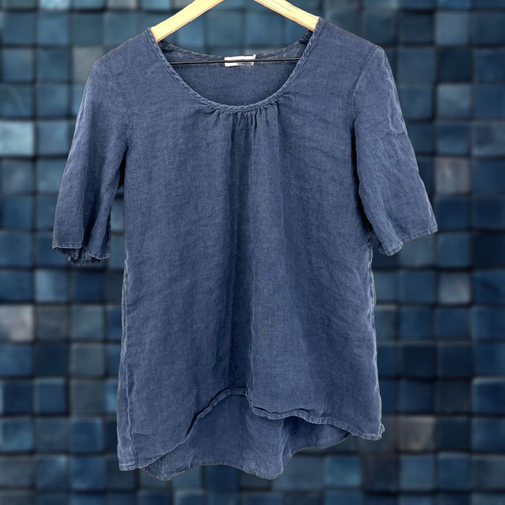 Vintage Soul Blouse Navy Blue 100 Linen Cotton Half Sleeve Lagenlook Coastal Grandma Top S Women S C