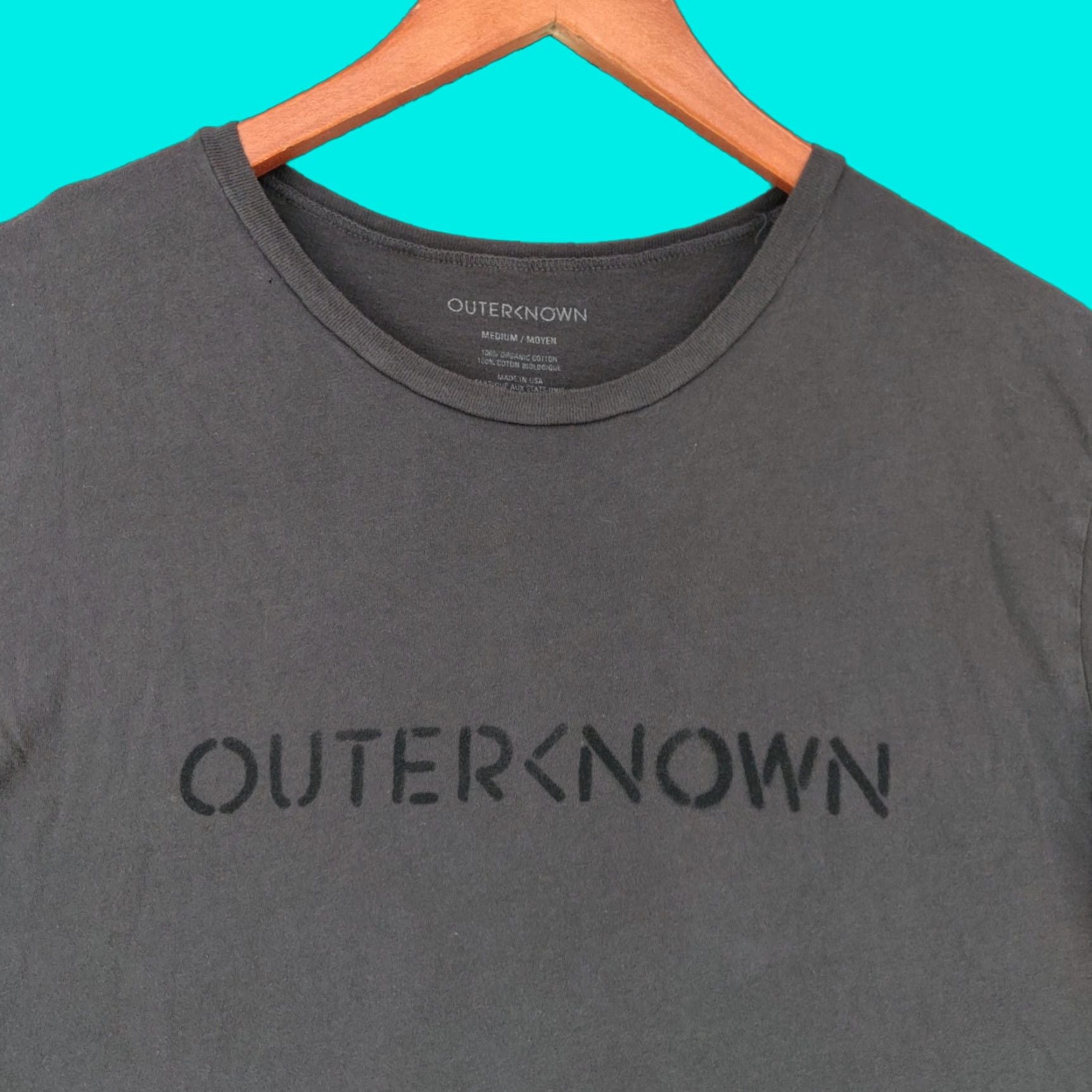 Vintage Outerknown Shirt Mens Medium Pullover Tee Charcoal Black Crew Neck Cotton Knit Lo Hoodie, Sweatshirt