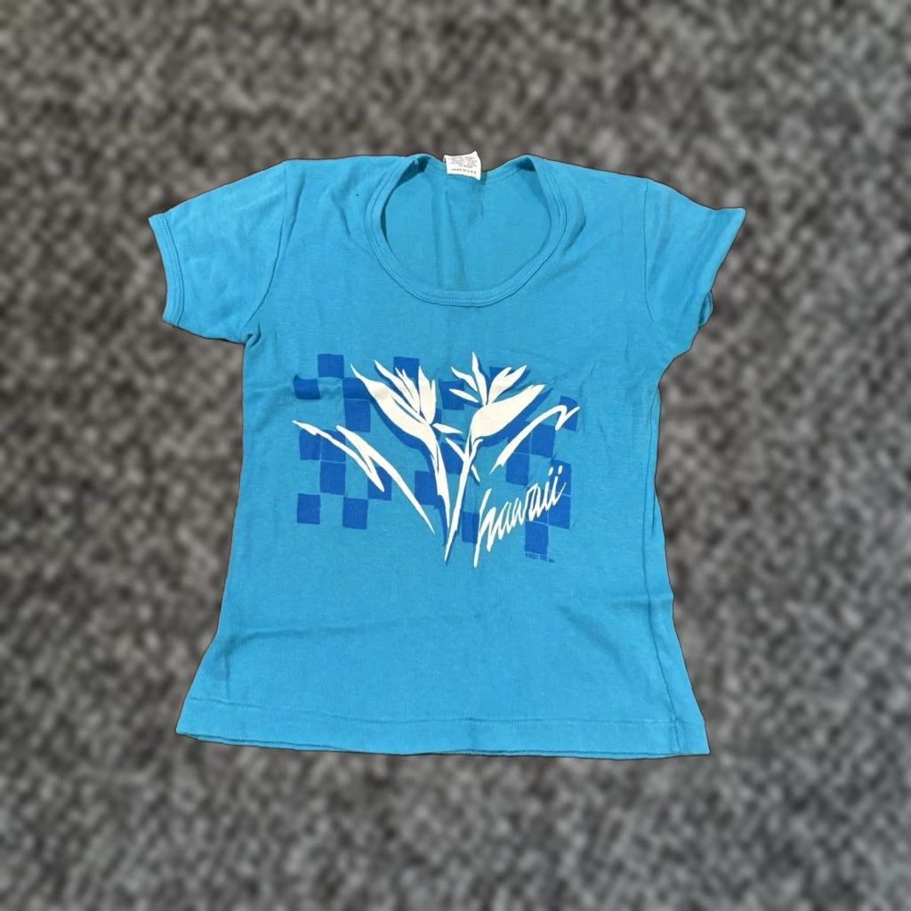 Vintage Poly Tees Hawaii Blue Women S T Shirt Small Usa 80s 90s Tropical Beach Floral Scoop