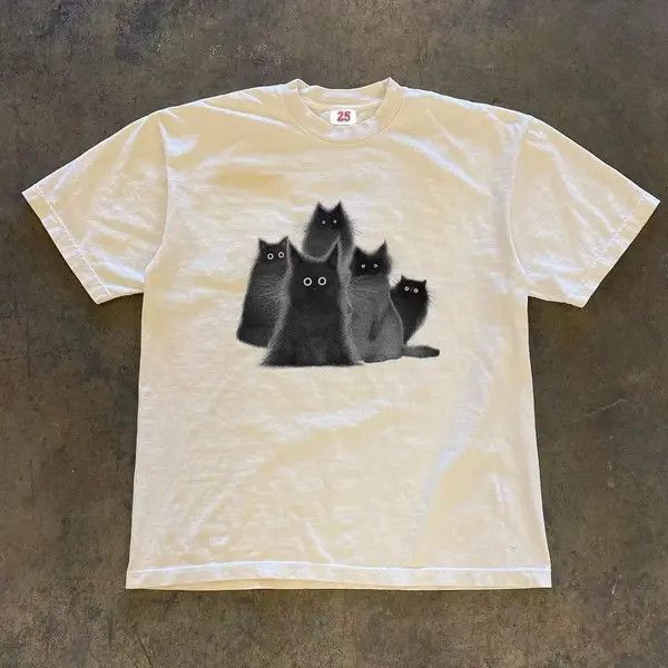 Japanese Brand Vibe White Washed Casual Vintage T Shirt With Cat Pattern Hoodie, Sweatshirt | FlexRushtees.com