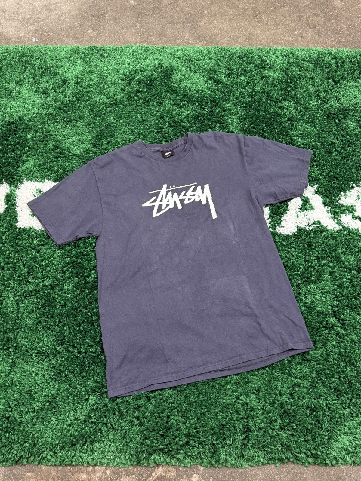 Stussy Blue Grey Cursive Fat Tip Script Logo Tee Large Hoodie, Sweatshirt | FlexRushtees.com