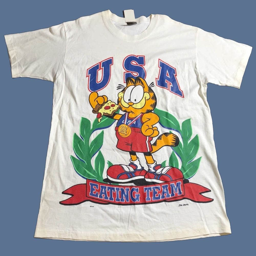 Vintage Garfield Usa Eating Team Pizza Graphic Tee Shirt Mens Large Nwt White Cotton Crew Ne Hoodie, Sweatshirt
