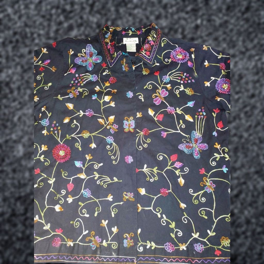 Factory Vintage Quacker Factory Women S 1x Beaded Butterfly Flower Embroidered Shirt