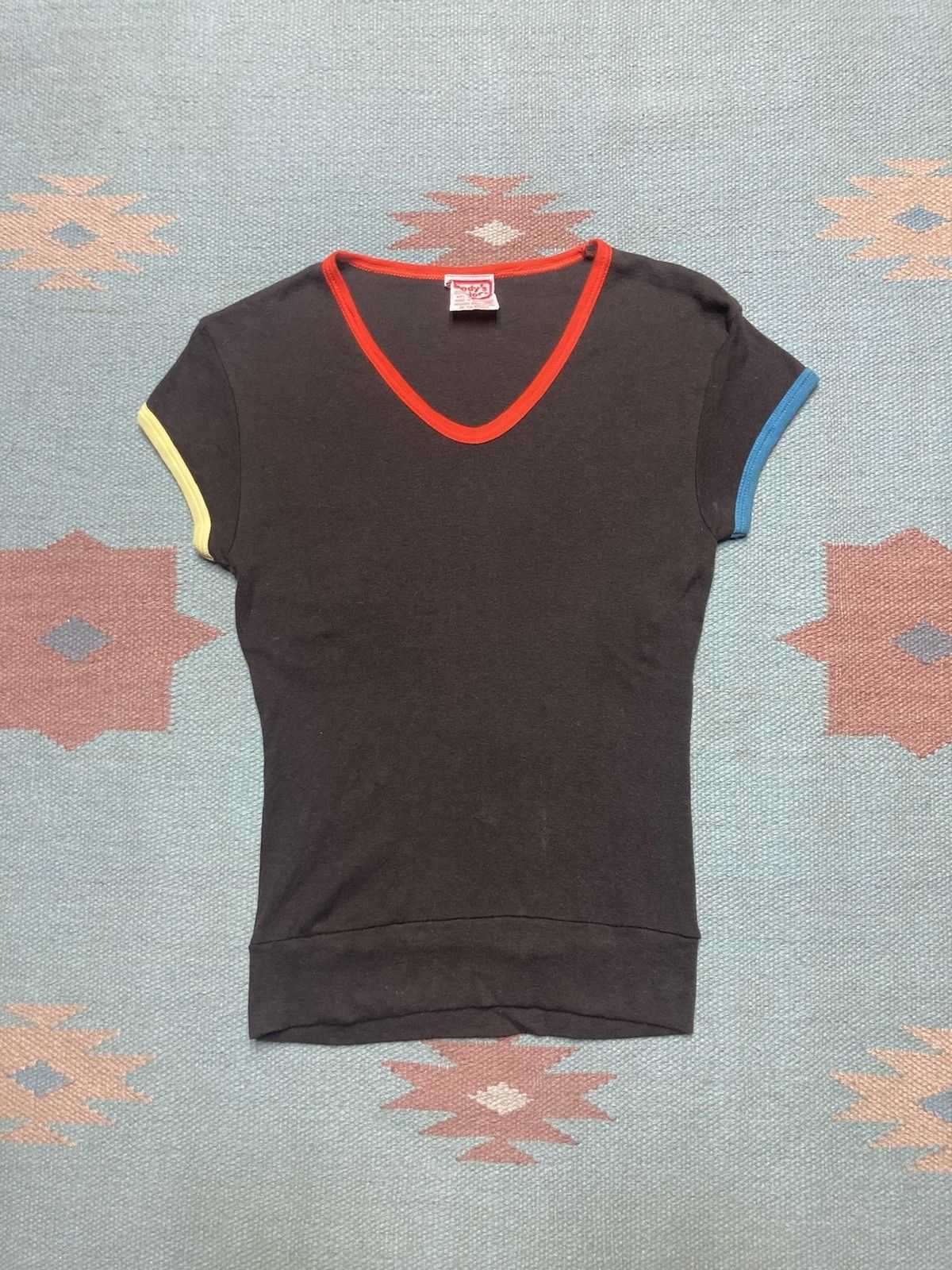Vintage 70s Ringer T Shirt Tri Tone Cotton Youth M Women S Baby Tee