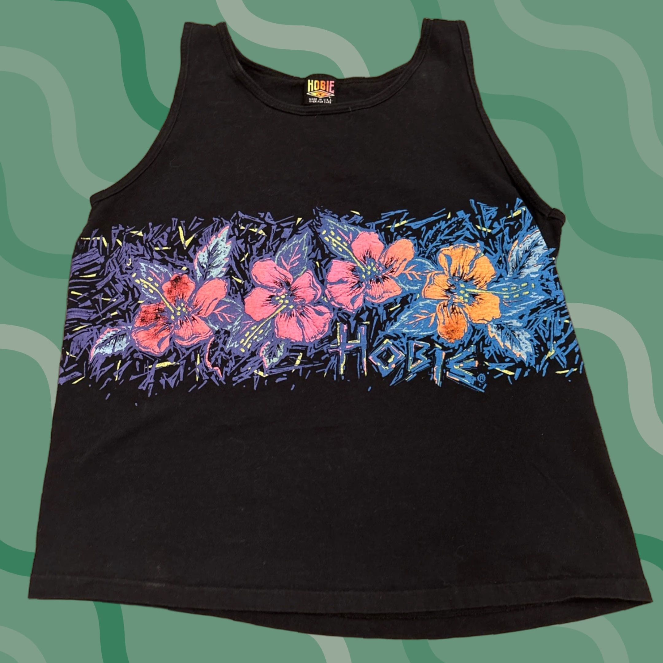 Vintage Hobie Tank Top Shirt L Black Hibiscus Beach 90s Mens Surf Tropical Hibiscus Tops