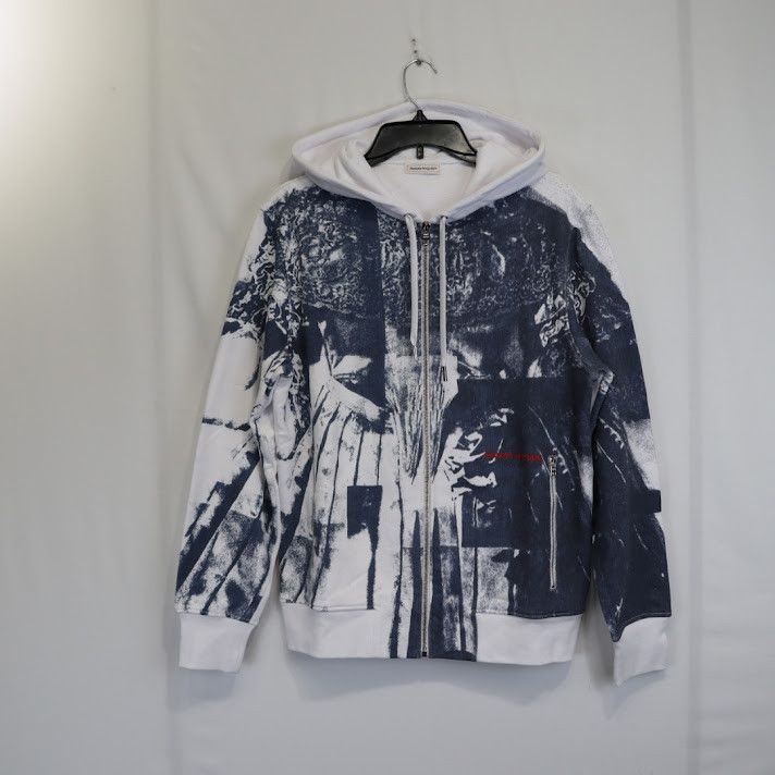 Alexander Mcqueen O1rshd1 Defect Printed Hoodie In Navy And White