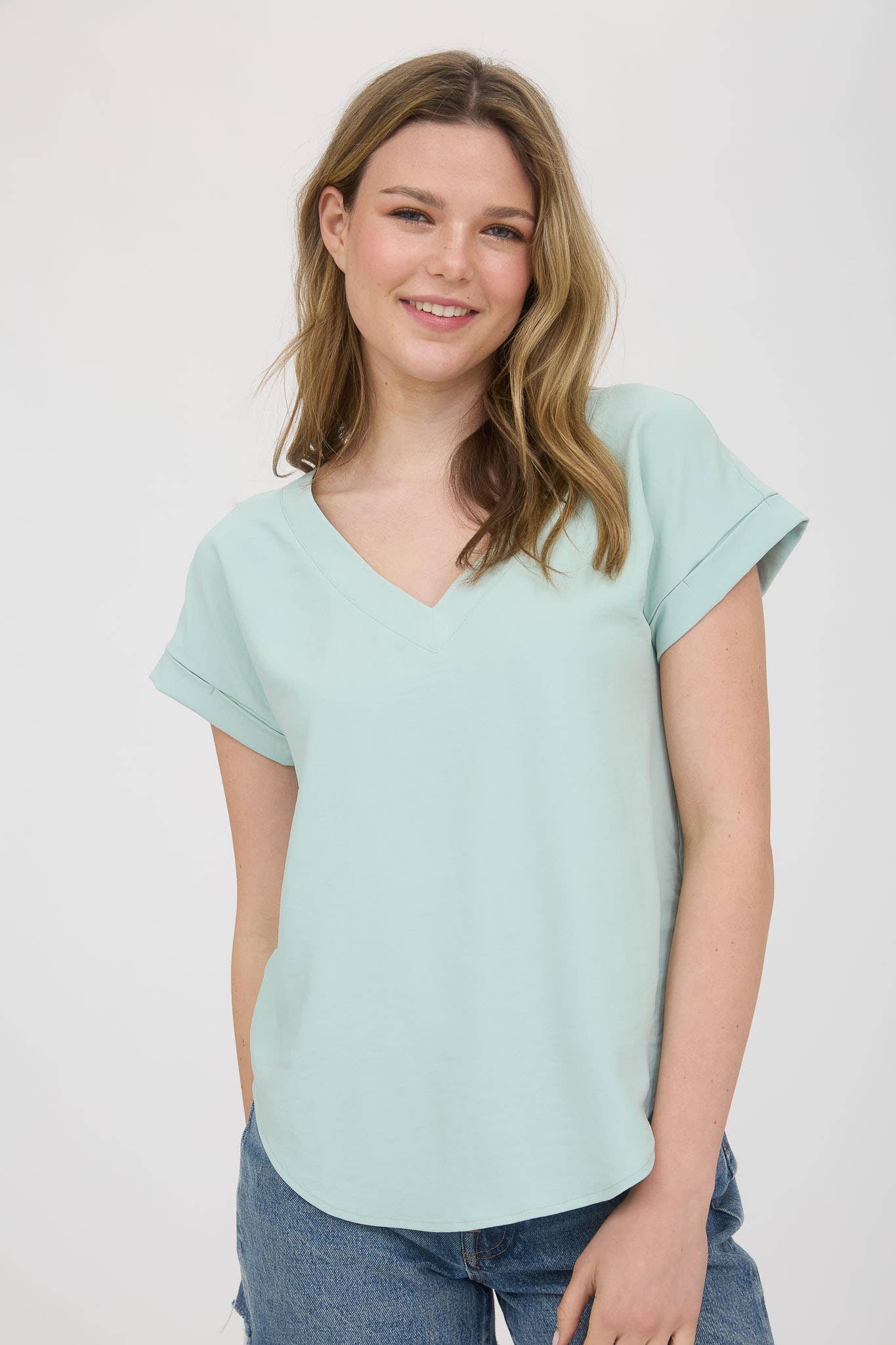 V Neck Cuff Sleeves Back Tab Pintuck Detail Top