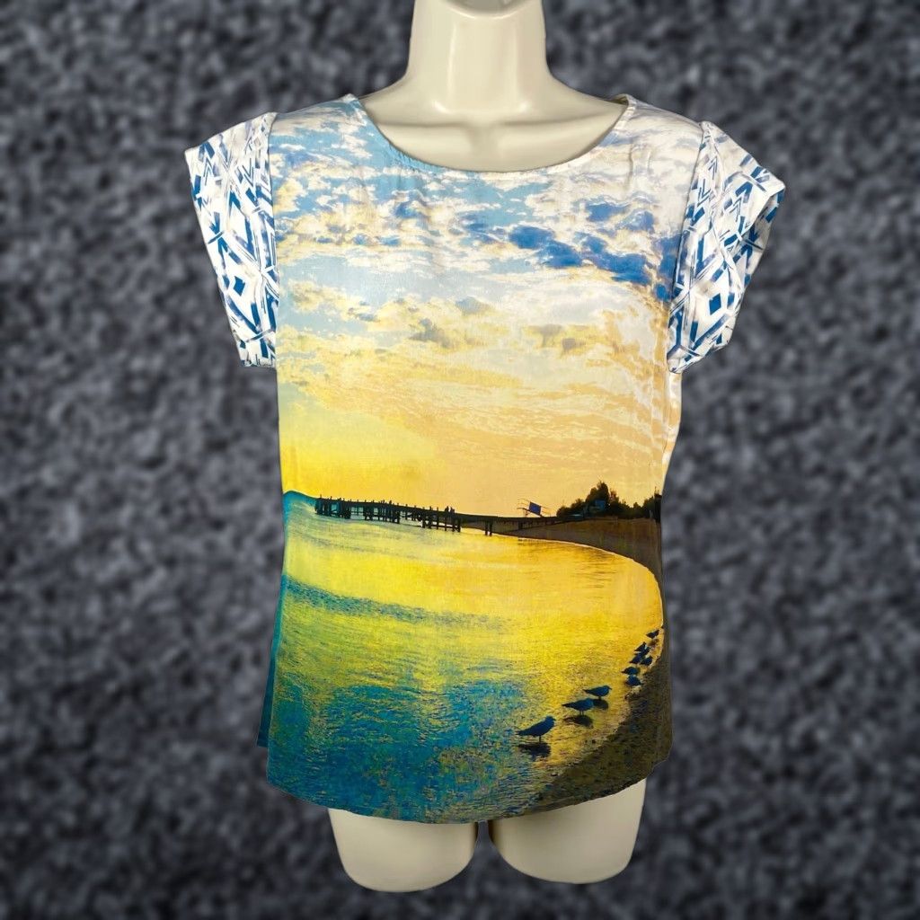 Vintage Twelfth Street By Cynthia Vincent Shirt Womens Small 100 Silk Beach Scene Multi Color Short