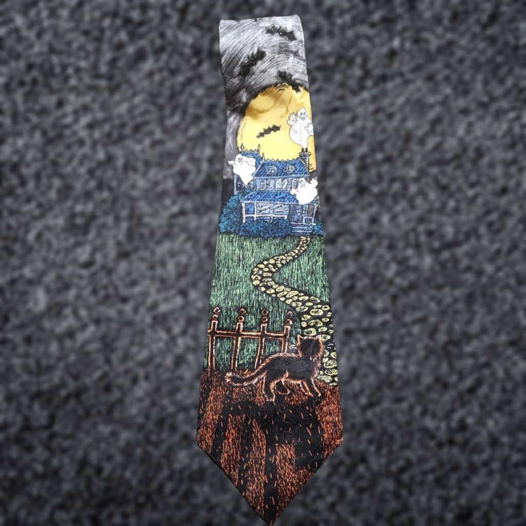 Vintage American Traditions Halloween Haunted House 100 Silk Neck Tie Ghost Bat Cat Black Mu