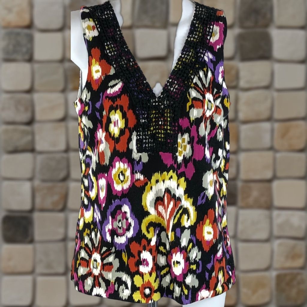 Vintage Cable Gauge Sleeveless Top Women S Multicolor Floral Art Crochet Psychedelic Y2k Fes