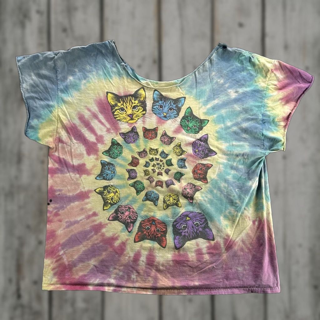 Vintage Psychedelic Tie Dye Cat Spiral T Shirt Womens Large Multicolor 90s Hippie Animal Gra