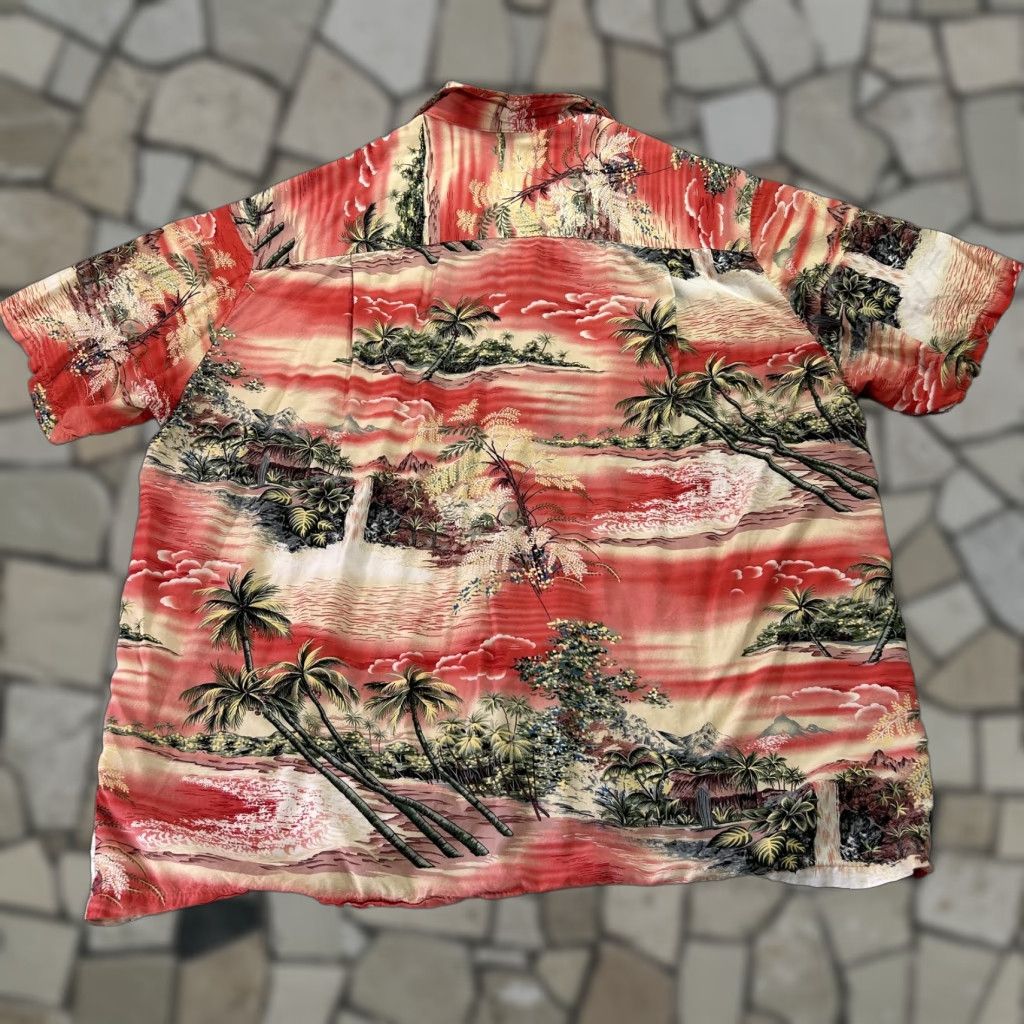 Vintage Kalaheo Hawaiian Shirt Mens Xl Red Tropical Palm Trees Waterfall Beach Made Usa