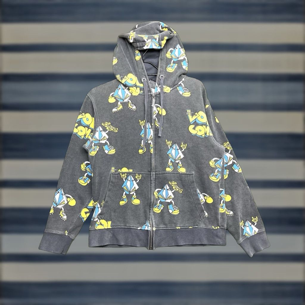 Vintage Volcom Hoodie Aop Mens Medium Gray All Over Print Zip Hooded Graphic Print Logo Zippe