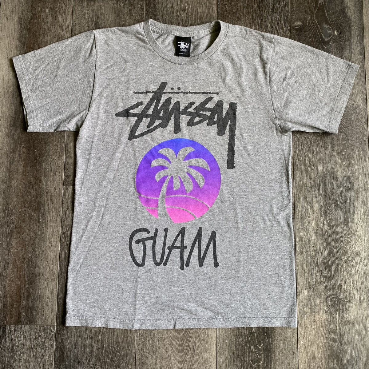 Vintage 2000s Stussy Guam Palm Tree Neon Graphic Logo Tee