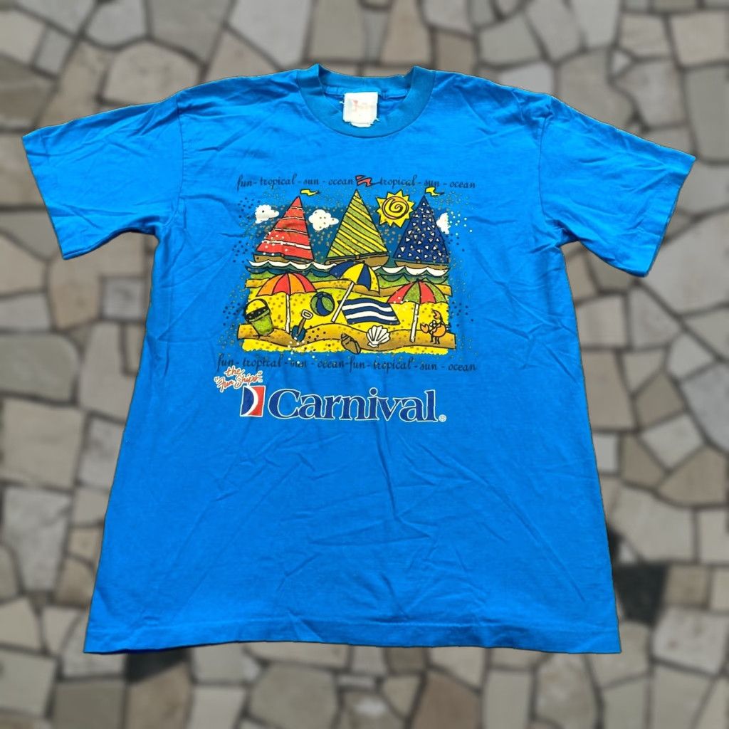 Vintage Carnival T Shirt Men Short Sleeve Graphic Print Beach Cruise Tropical 90s Retro Blue