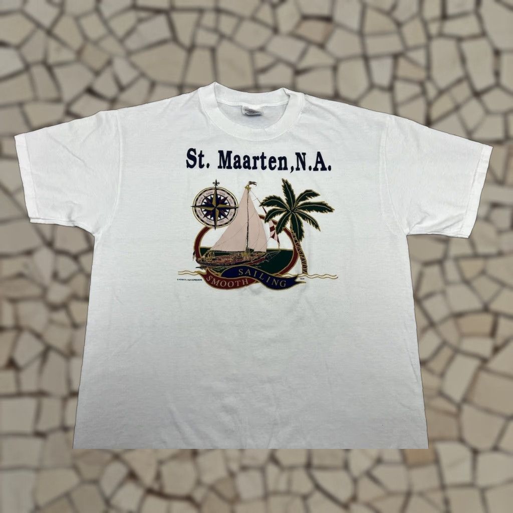 Vintage Hanes Beach T Shirt Men L White Nautical Sailing 1990s Travel Boat Graphic Tee