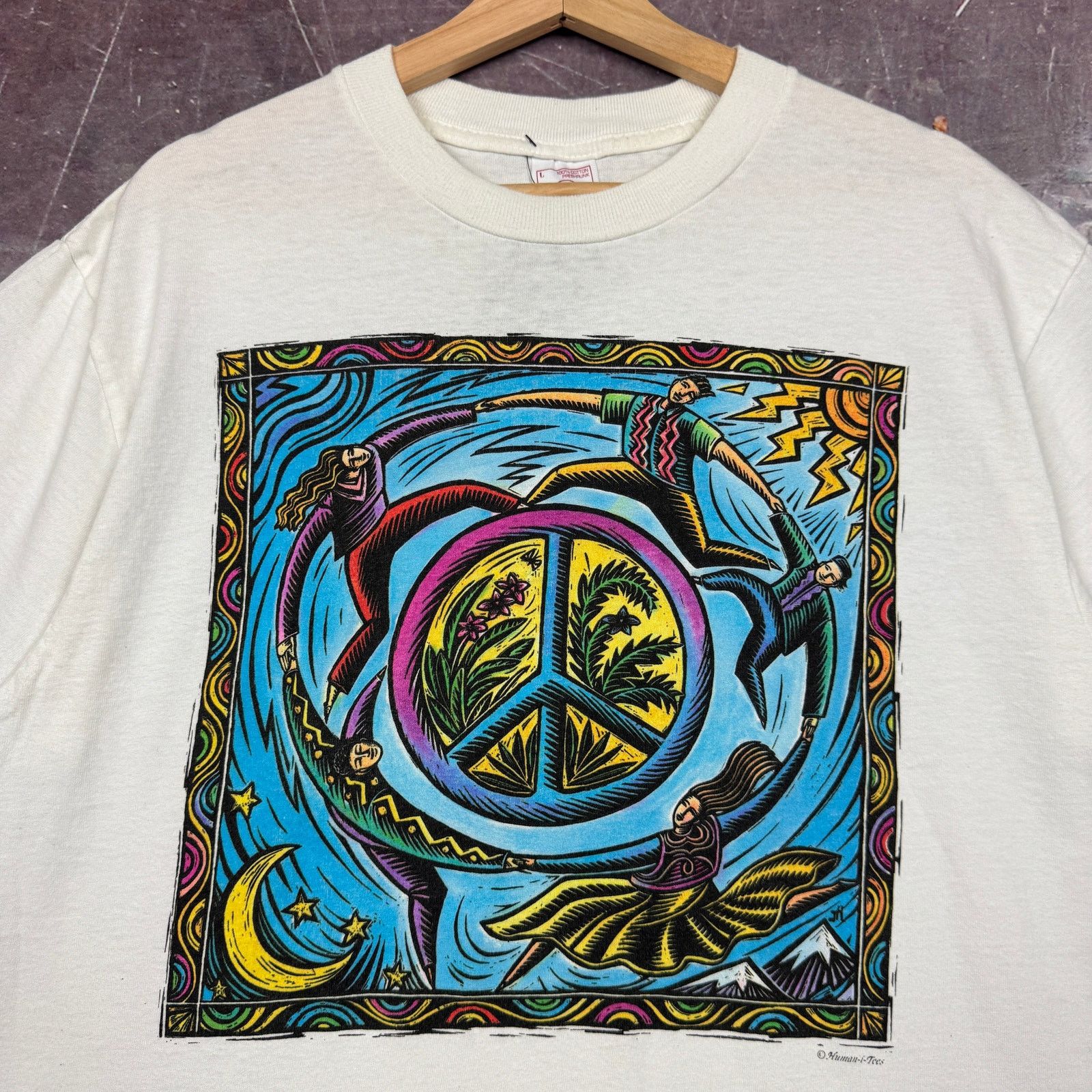 Vintage 90s White Human I Tees Peace Graphic Shirt L 2541 Hoodie, Sweatshirt | FlexRushtees.com