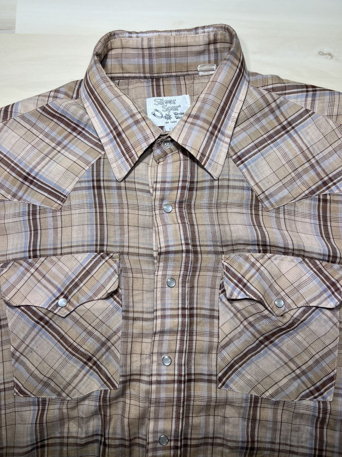 Other Silver Spur S S Western Pearl Snap Shirt Sz 17 Tan Blue