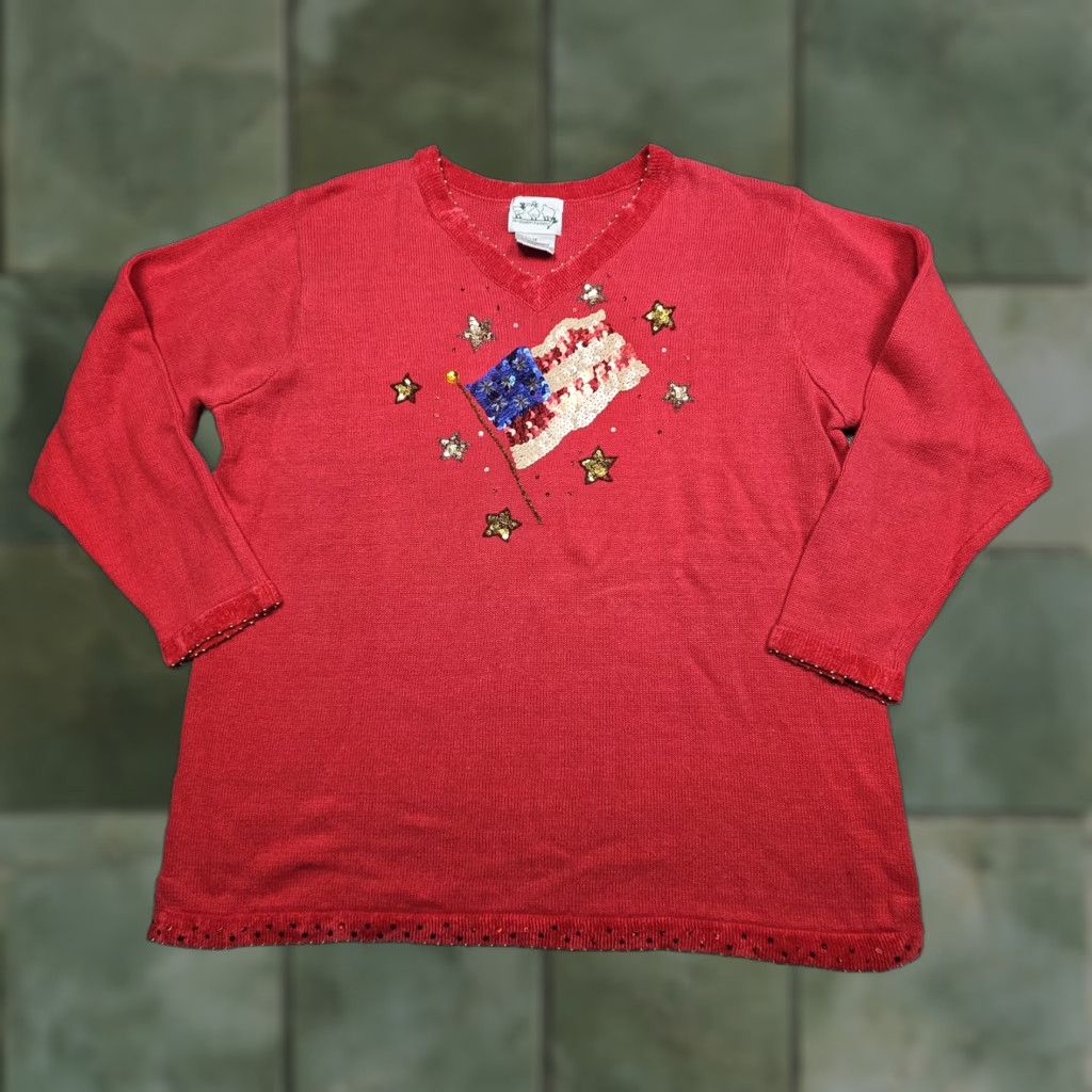 Factory Quacker Factory Sweater Womens 1x Red Patriotic Flag Sequin Stars Pullover Knit