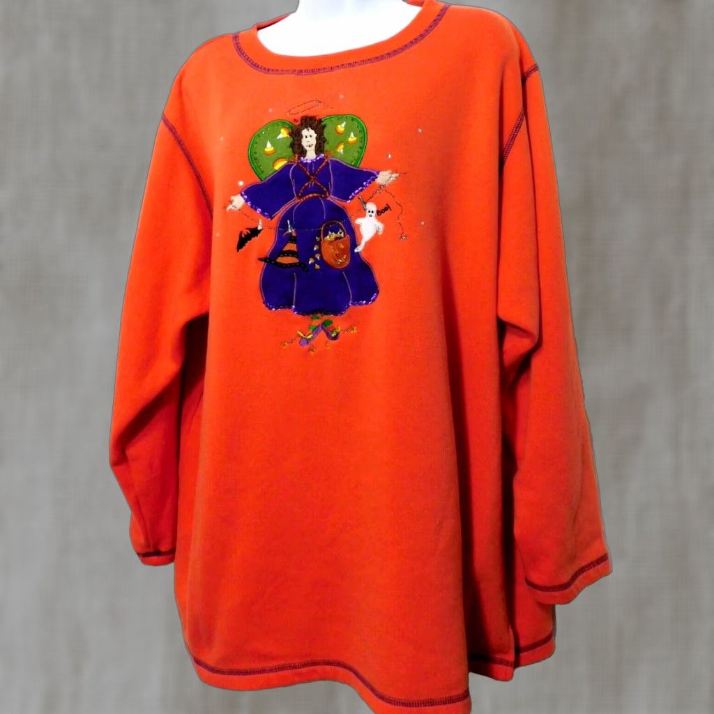 Factory Vintage Quacker Factory Halloween Angel Sweatshirt Plus 1x Embroidered Tunic Orange