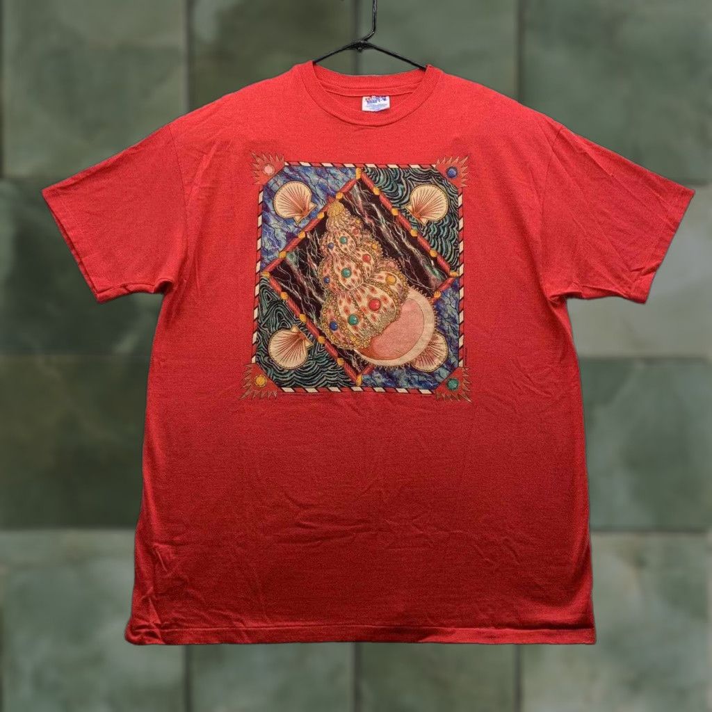 Vtg Hanes T Shirt Ocean Seashells Red Adult Xl Crew Neck Short Sleeve