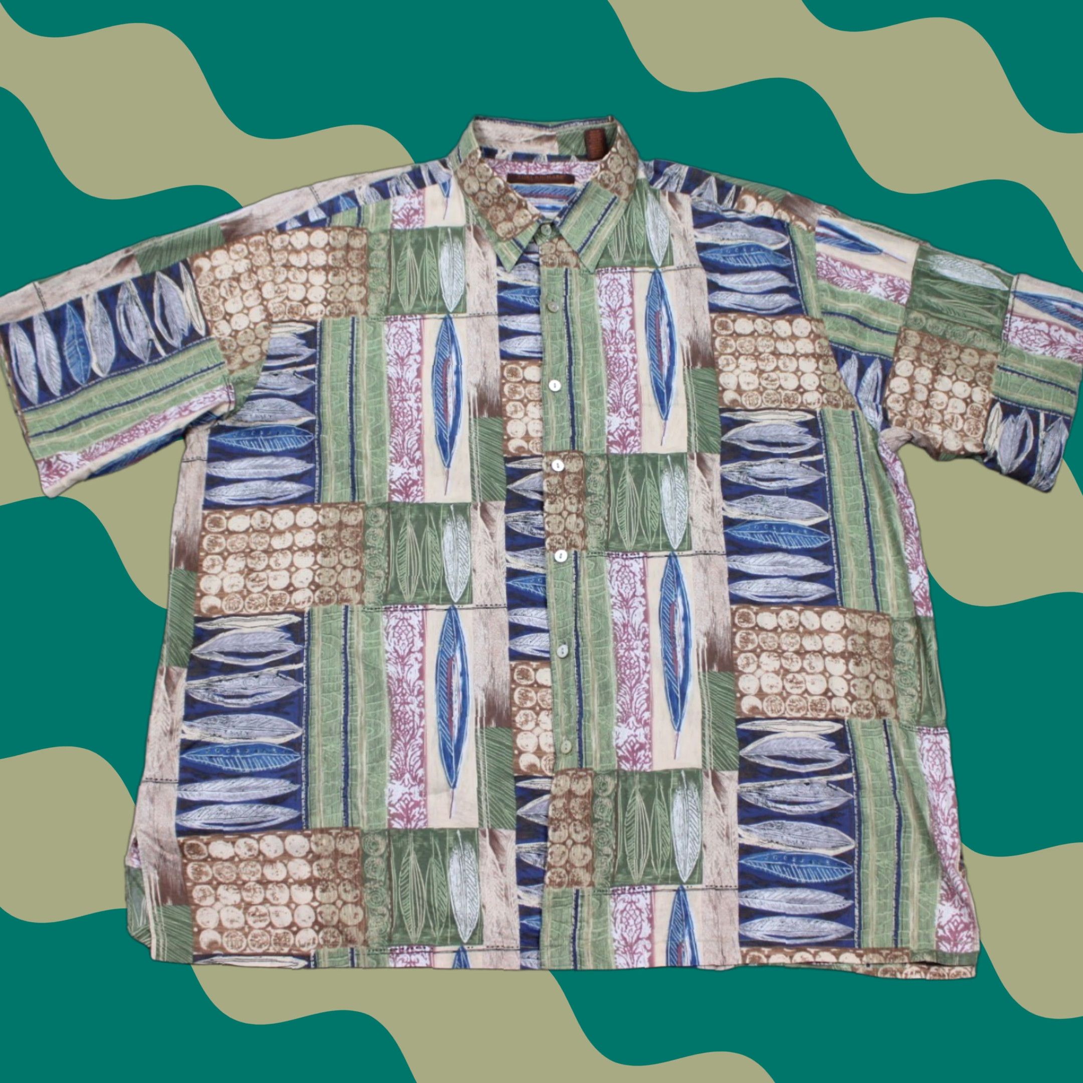Richard Tori Richard Shirt Mens 2xl Green Blue All Over Print Cotton Lawn Aop Short Sleeve Butt