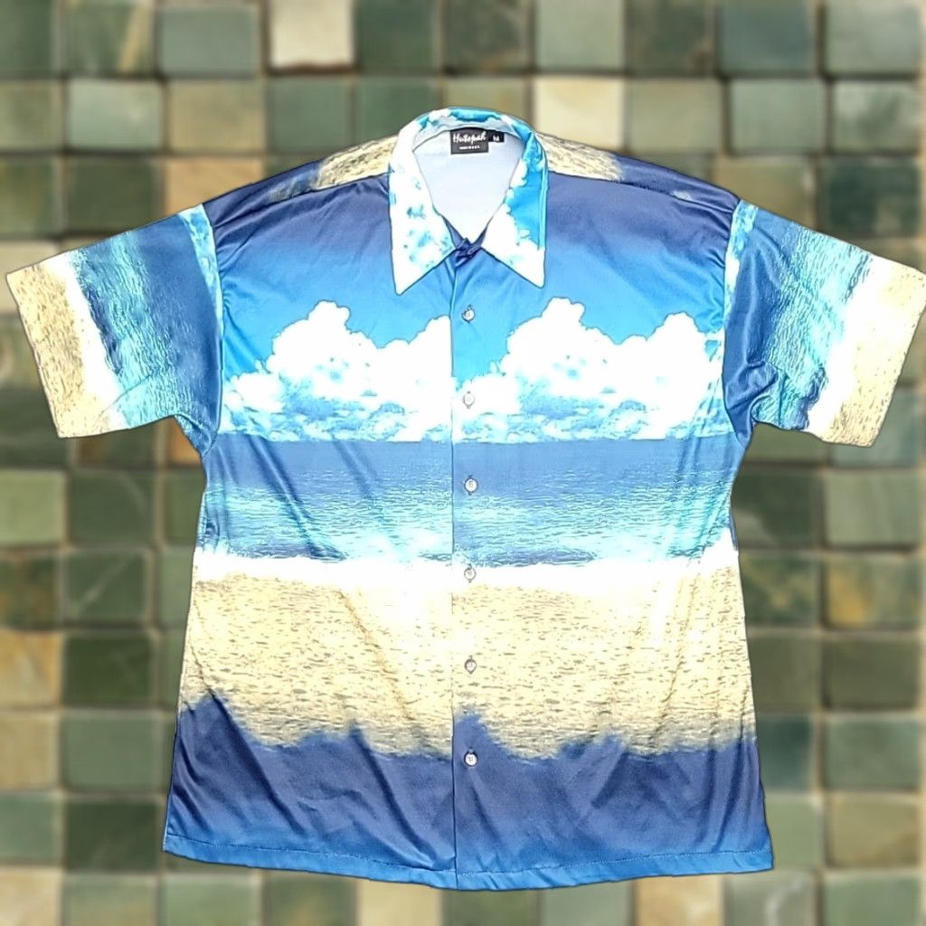 Vintage Hutspah Shirt Mens M Blue Polyester Satin Aop Ocean Beach Disco 70s Shirt Mens M Blu