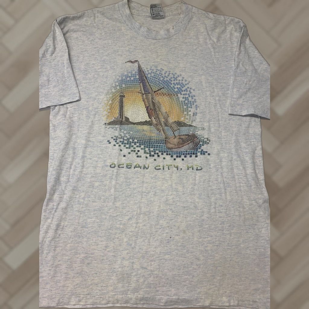 Vintage Cal Cru Ocean City Md T Shirt L Blue Grey Mens Regular Crew Neck Short Sleeve 493