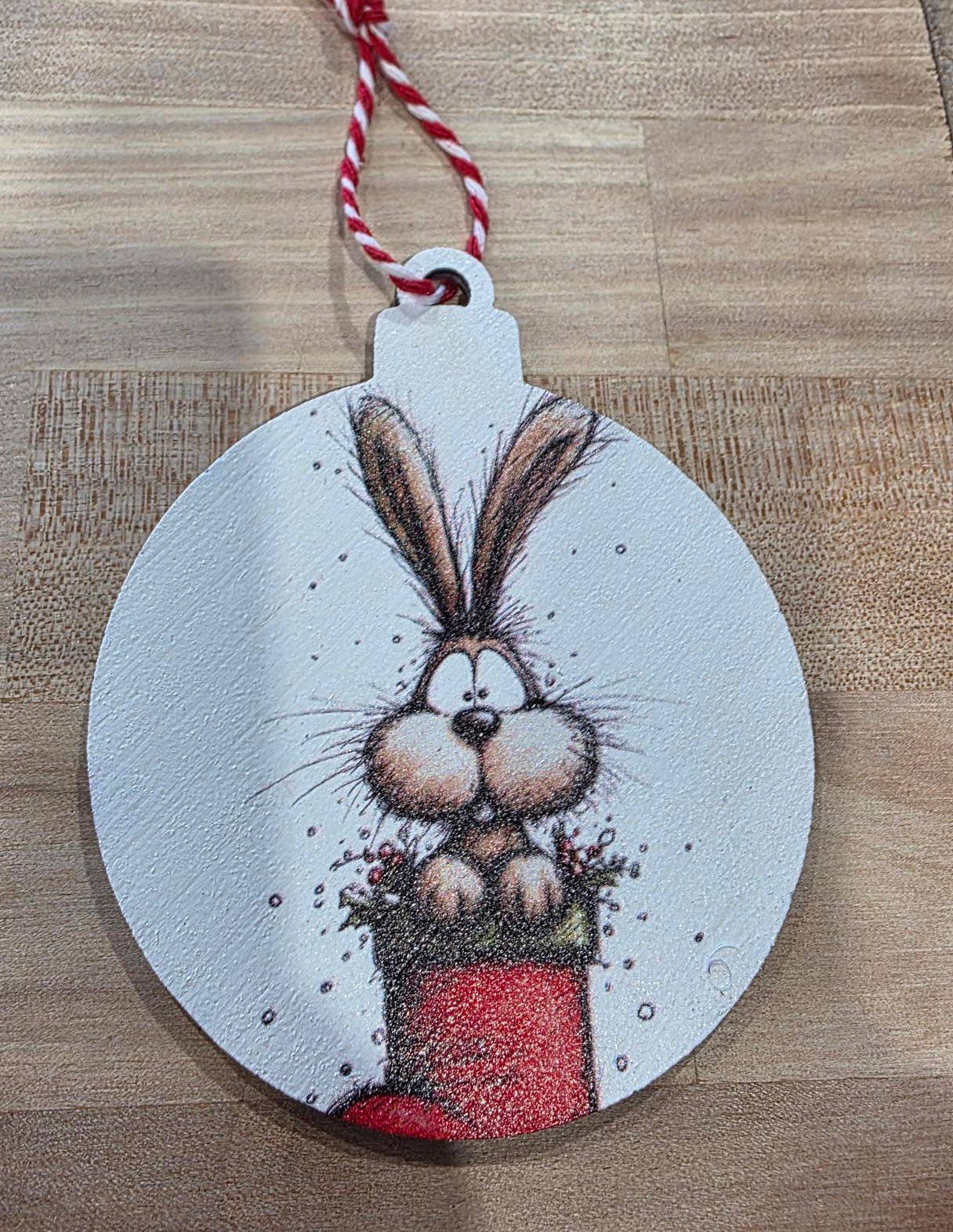 Whimsical Christmas Bunny -  Wood Ornament