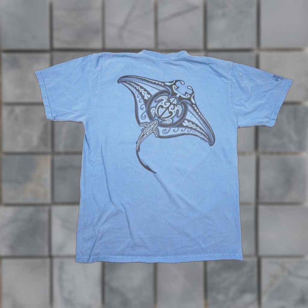 Vintage Crazy Shirts Mens Medium Blue Manta Ray Hawaiian Tribal T Shirt Adult Casual Beachwe