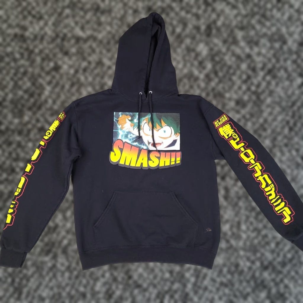 Vintage My Hero Academia Hoodie Mens M Black Sweatshirt Hooded Pullover Anime Shirt Style Pullover H