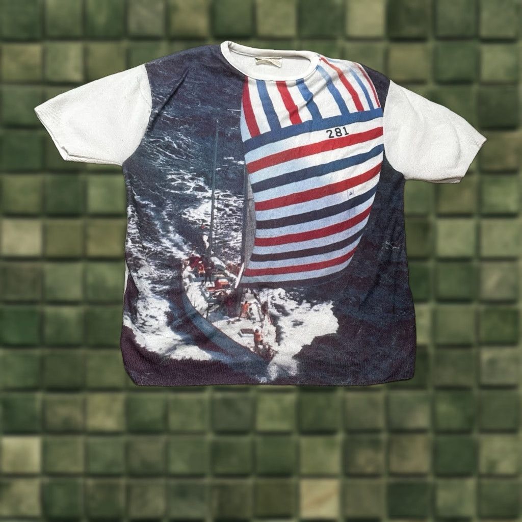 Vintage Sears Mens Shirt 70s Kings Road White Sailing M Sailor Graphic Tee Mens Medium White S