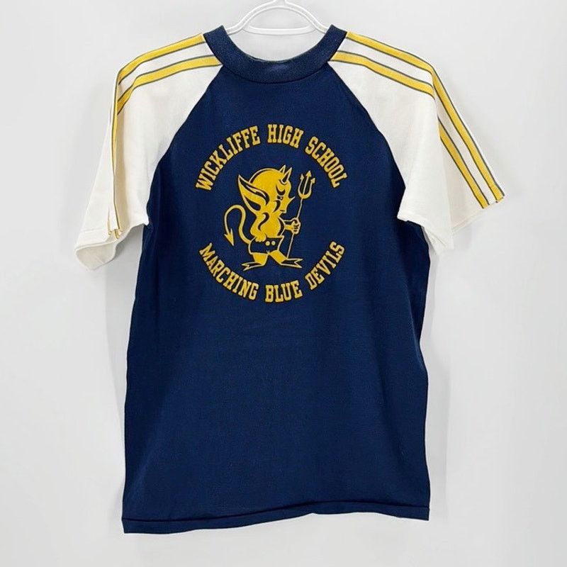 Vintage Velva Sheen T Shirt 70s Wickliffe High Blue Devils M