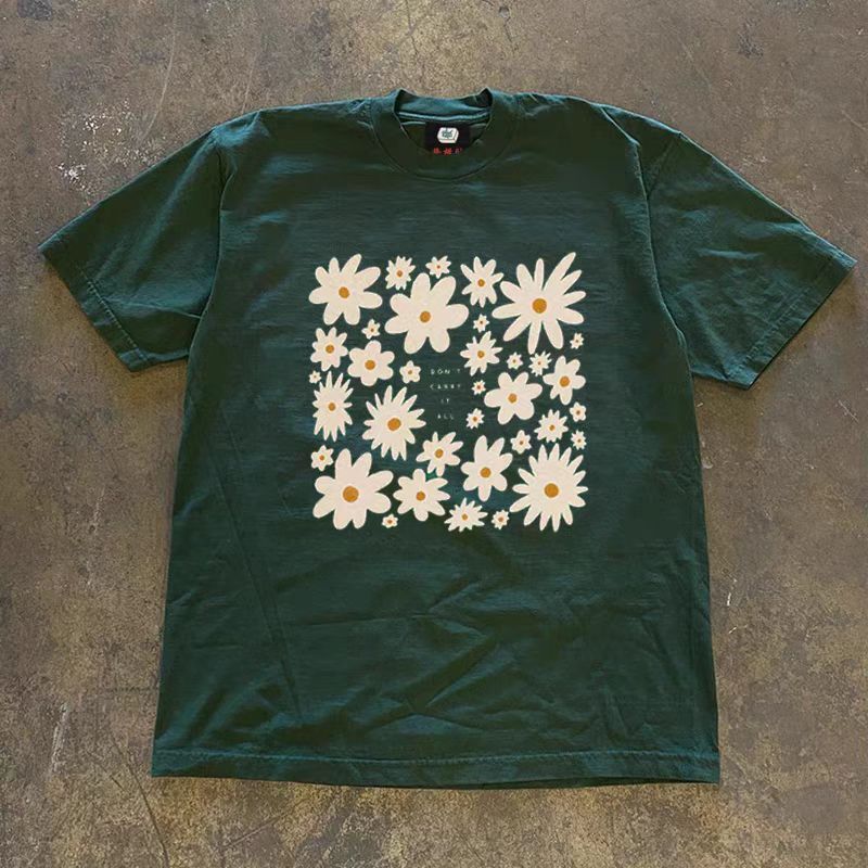 Vintage Floral Print Green Casual Retro Cotton T Shirt
