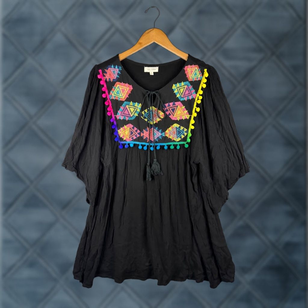 Vintage Velzera Blouse Tunic Women S Black Embroidered 3 4 Sleeve Relaxed Casual Geometric Aztec Boh