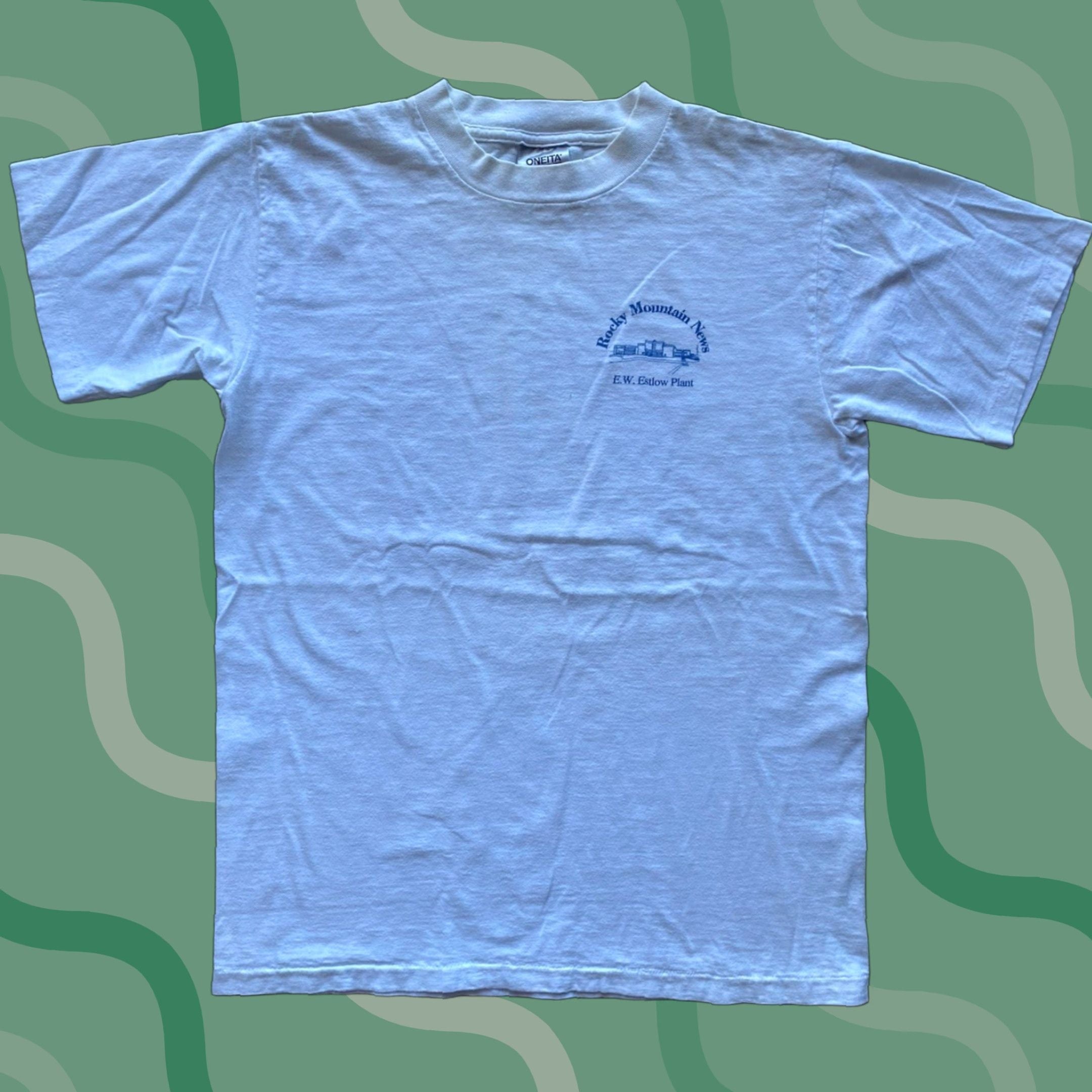 Vintage Oneita T Shirt 90s White Short Sleeve Adult Large Men Rock Mountain News Vtg