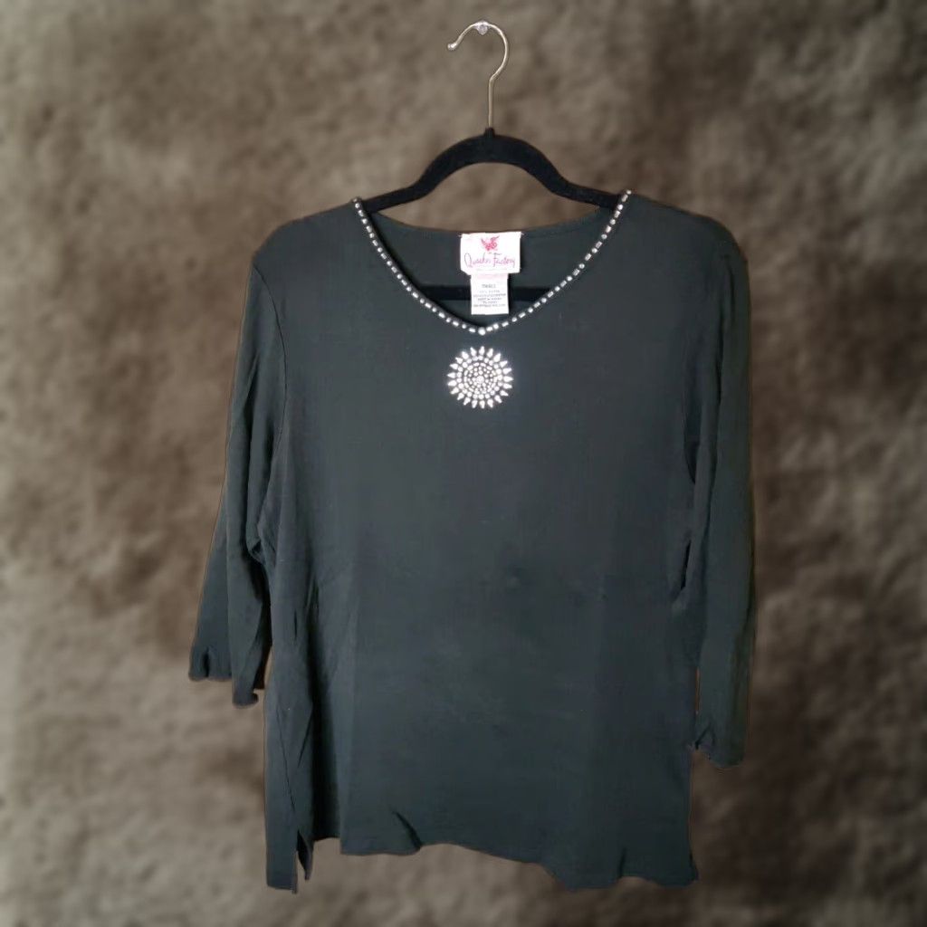 Factory Quacker Factory Women S Black V Neck 3 4 Sleeve Beaded T Shirt Size S