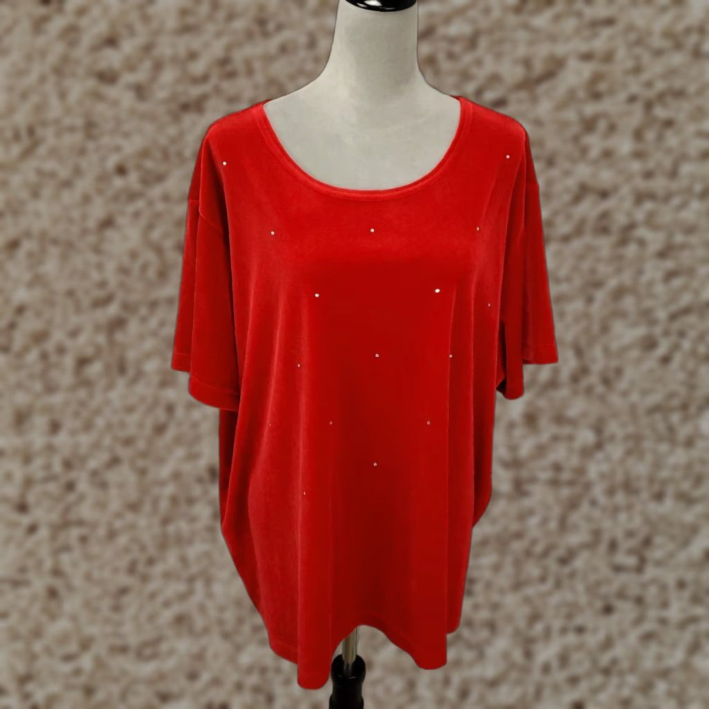 Factory Quacker Factory Top Womens 3x Red Rhinestone Velour Stretchy Blouse