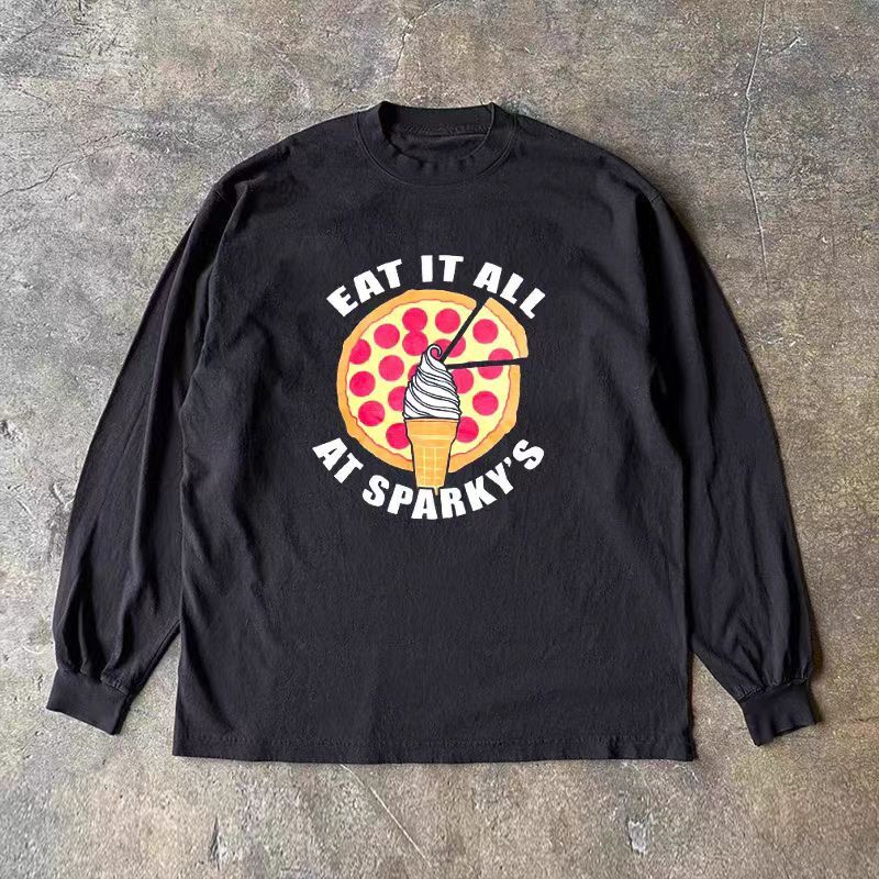 Vintage Pizza Pattern Black Vintage Cotton Long Sleeve Tee