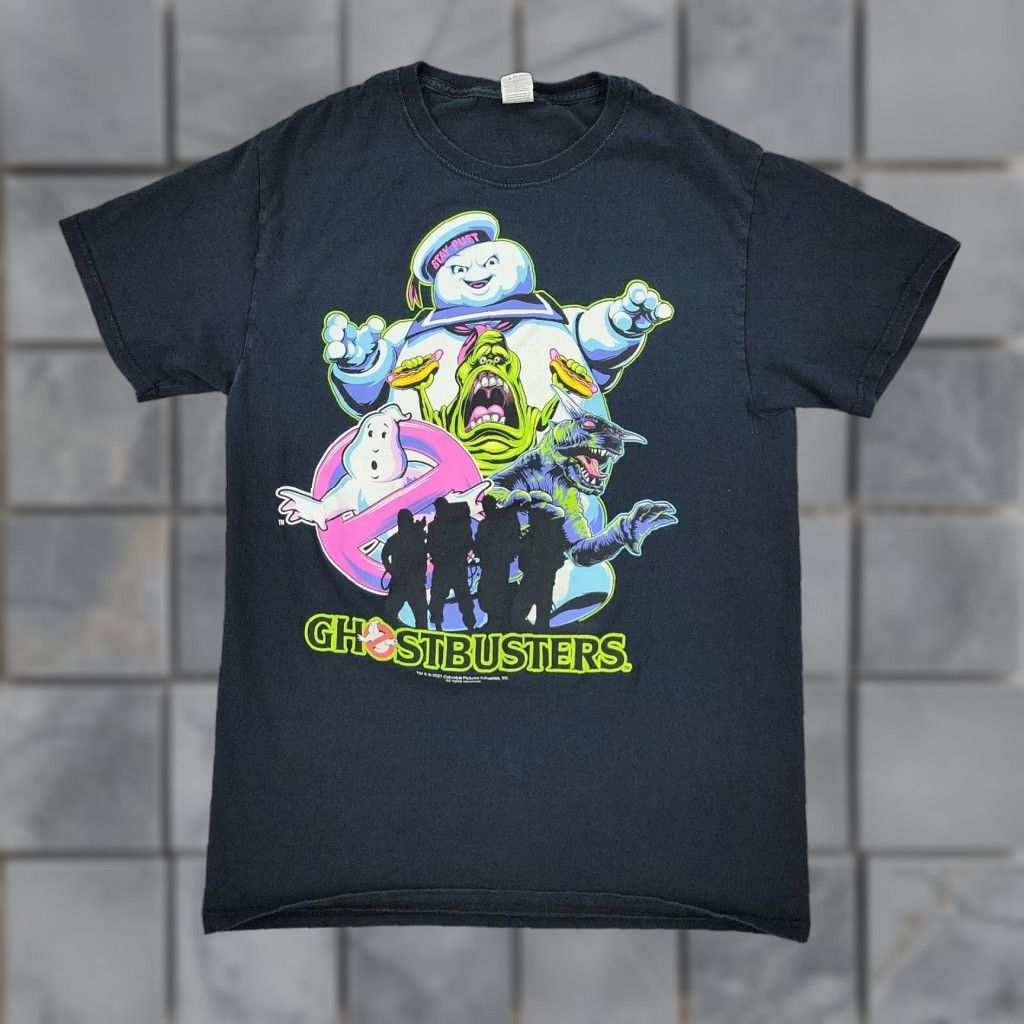 Vintage Ghostbusters Shirt Men Small Black Stay Puft Slimer Logo Graphic Tee Adult
