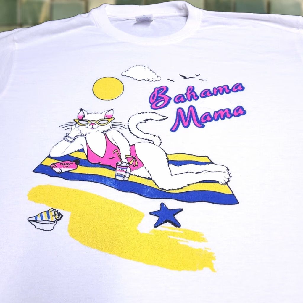 Vintage 1980s Bahama Mama Beach Shirt Unisex Large White Cotton Graphic Tee Summer Vacation
