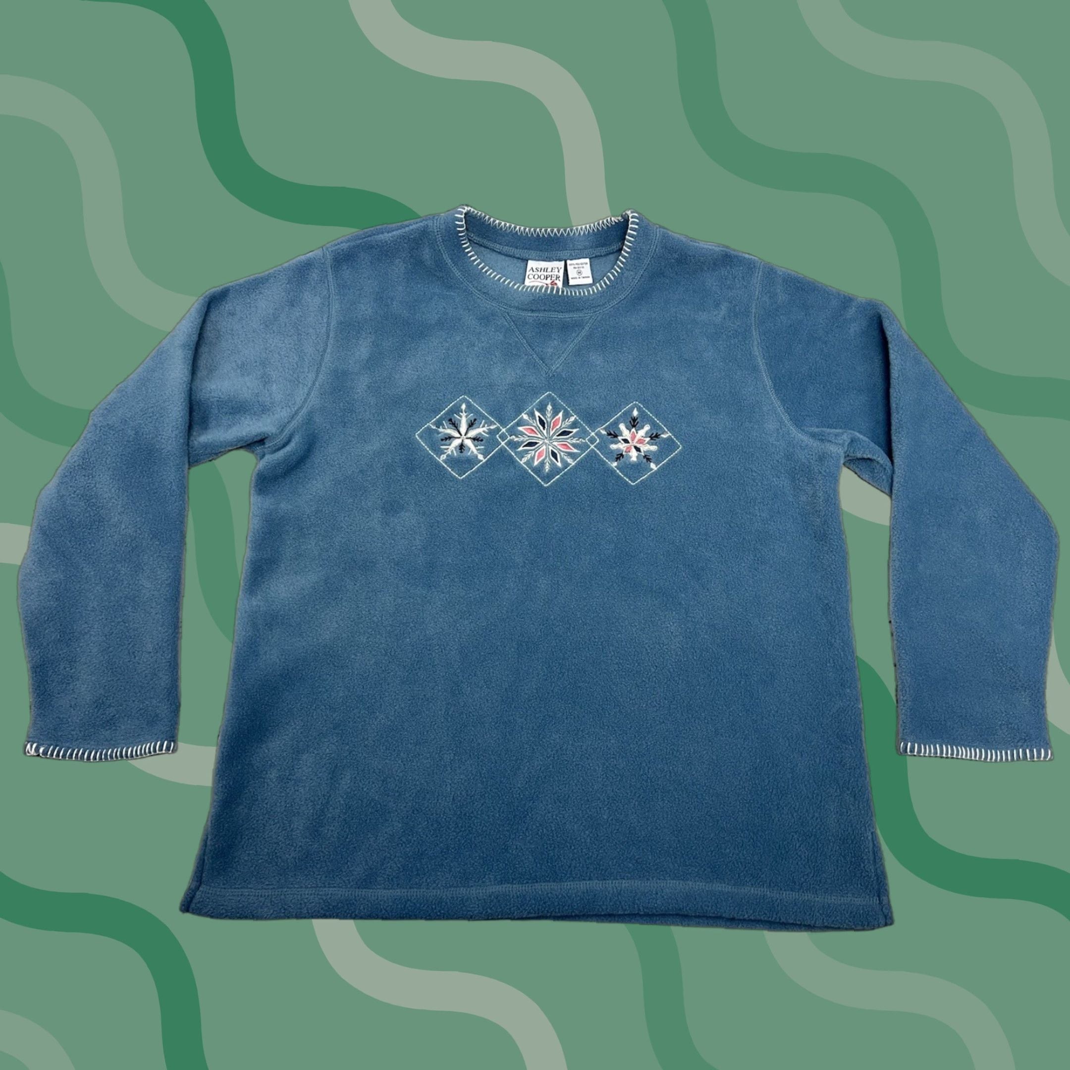 Vintage Ashley Cooper Women S Sweatshirt Fleece Crewneck Pullover Winter Snowflakes Blue M