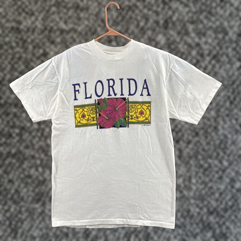 Vintage Oneita Florida Tropical Beach T Shirt Men Large White Cotton 90s