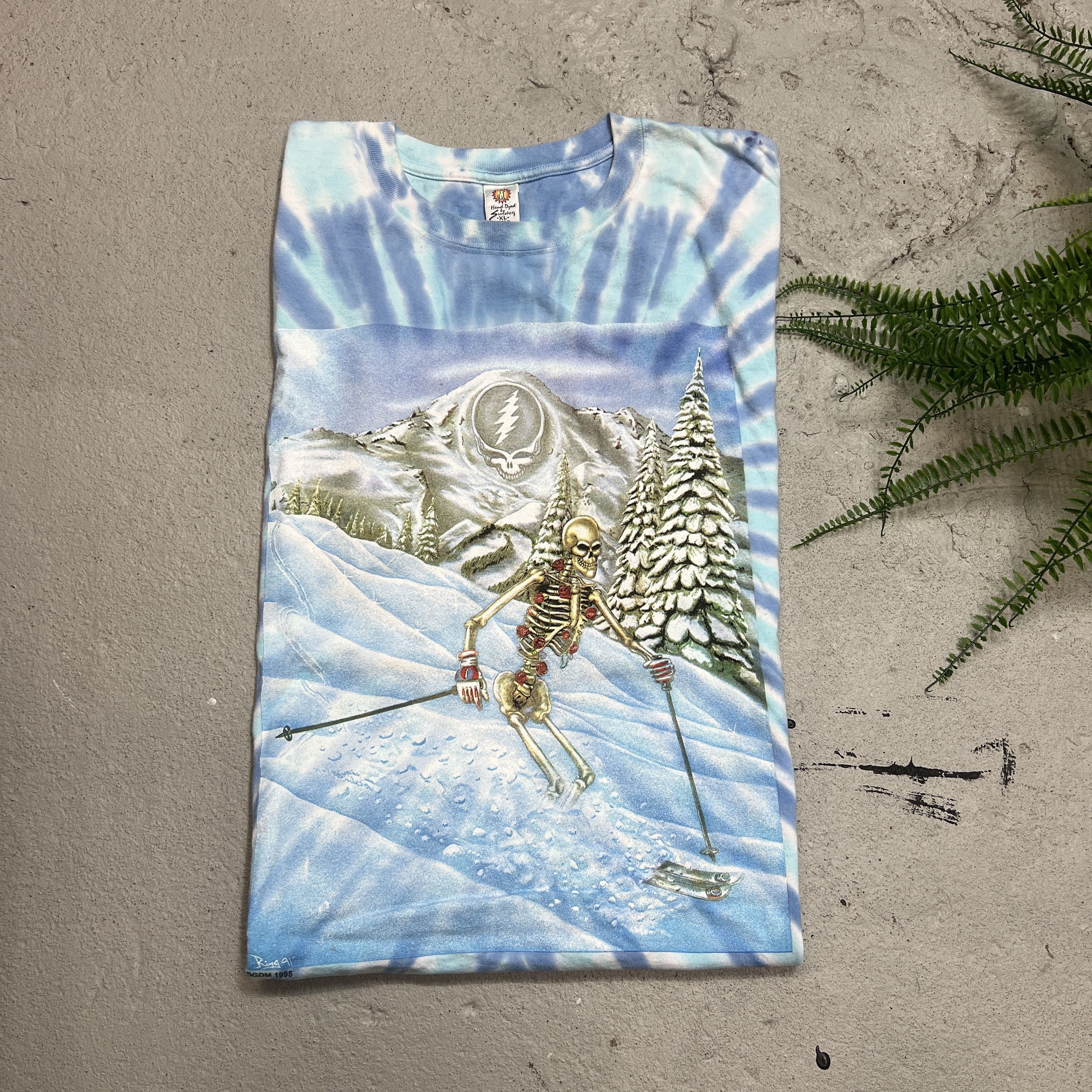 Vintage 1995 Grateful Dead Skiing Skeleton Promo Tie Dye Tee Hoodie, Sweatshirt | AU16VibeMintTees.com