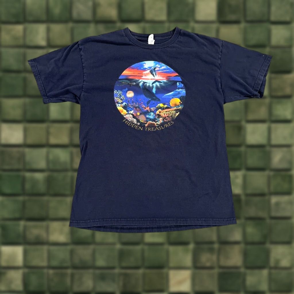 Vintage Ocean Sea Life T Shirt Men Large Blue Cotton Graphic Print 2000s Art Fish Nature
